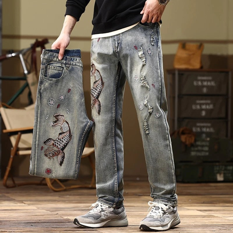 Mens Embroidered Straight-Fit Stretch Denim Jeans