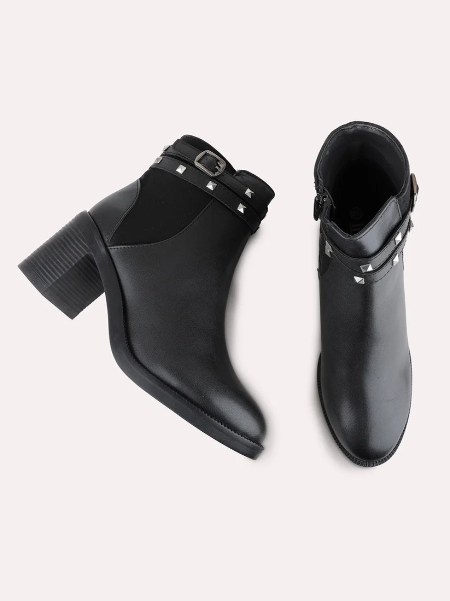 Womens Black Solid Casual Round Toe Ankle Boots